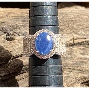Sterling Silver, Milky Blue & White Sapphire Halo Ring, Size 6